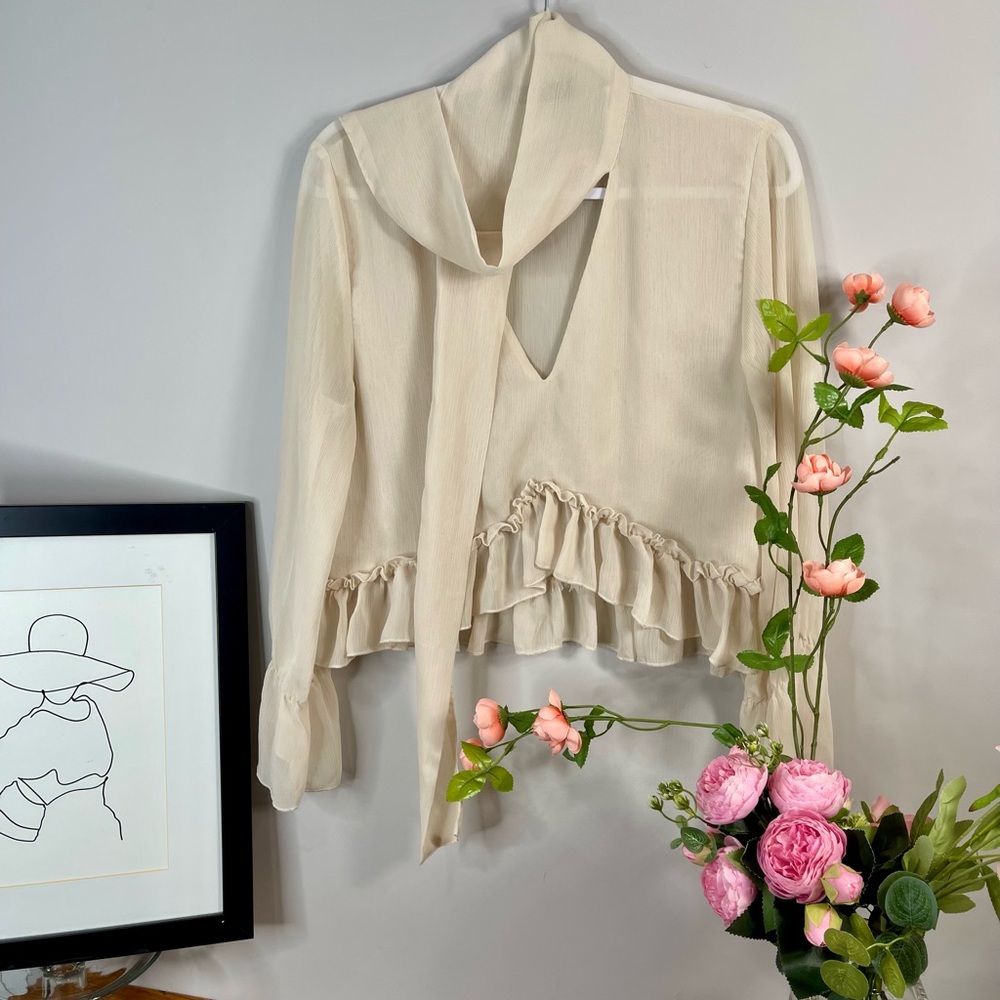 ZARA - Cream Women's Top with Ruffle detail & neck swoop - Size M (US)
